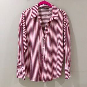 Zara Red and White Vertical Stripe Button-Up Blouse